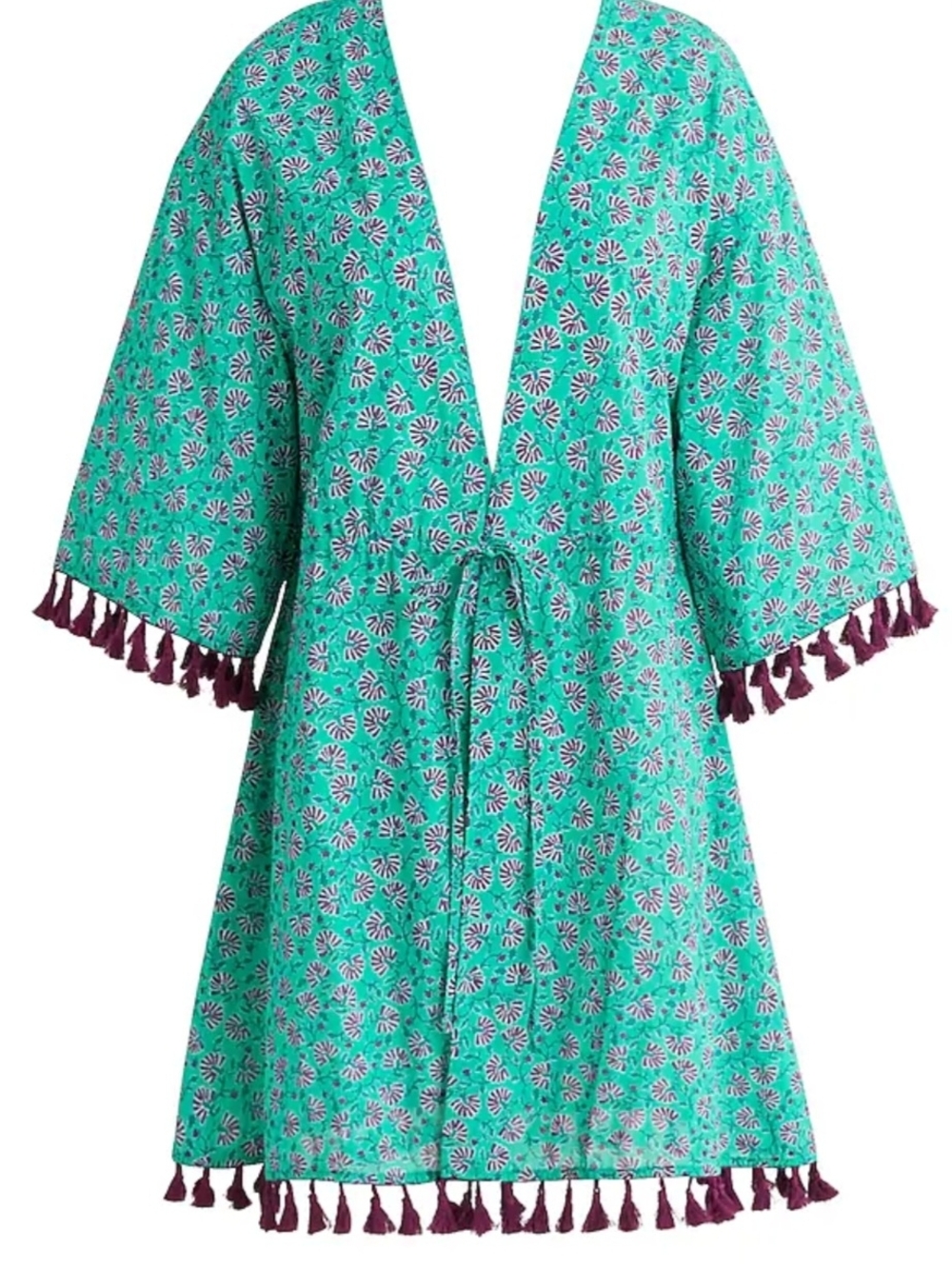 NWOT J Crew Boho Chic Green Printed Tassel-Trim Swim 100% Cotton Cover-Up